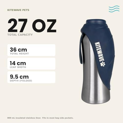 Kitewave Portable Dog Water Bottle, 27 oz Stainless Steel Pet Water Bottle with Flip-Up Leaf Bowl, Leakproof One-Press Dispenser for Walking, Hiking & Travel, BPA-Free, All Dog Breeds (Blue) - Image 4