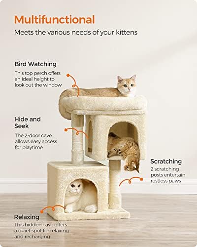 Feandrea Cat Tree, 26.4-Inch Small Cat Tower, Cute Plush Condo, Beige - Image 4