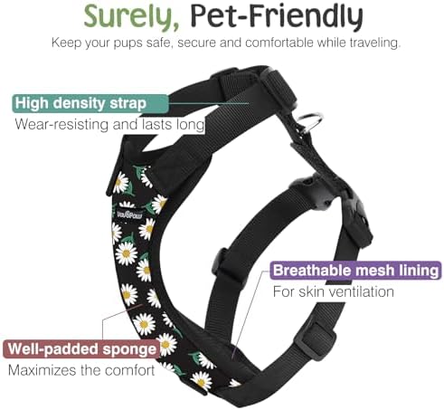 VavoPaw Dog Seat Belt, Safety Vest Dog Car Harness with Adjustable Buckle Dog Seat Belt for Vehicle Nylon Pet Safety Seat Belts Heavy Duty(L, Black Daisy) - Image 2