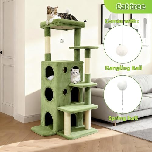 48" Cat Tree Tower for Indoor Cats, Multi-Level Cat House for Large Cats with 3 Cozy Cat Condos, Extra Large Top Perch, Sisal Scratching Posts & Climbing Steps, Green - Image 3