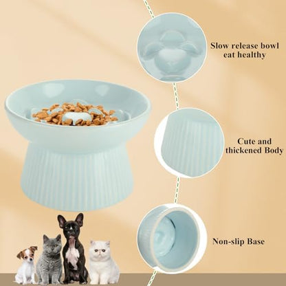 ABuff 2 Pack Raised Cat Slow Feeder, Elevated Slow Feed Dish for Cats and Small Dogs, Ceramic Slow Feeder Cat Bowl, No Spill High Edge for Dry/Wet Food(Blue, Green) - Image 4