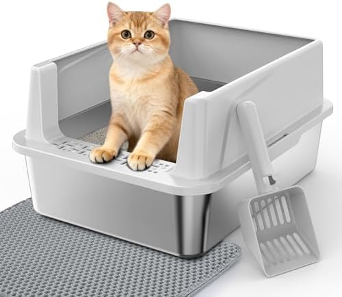 Stainless Steel Cat Litter Box with Lid, High-Sided Metal Litter Pan for Small Cats, Kitty Litter Box, Non-Stick & Odor-Resistant, Anti-Urine Leakage, Easy to Clean, Scoop Included by MIXJOY