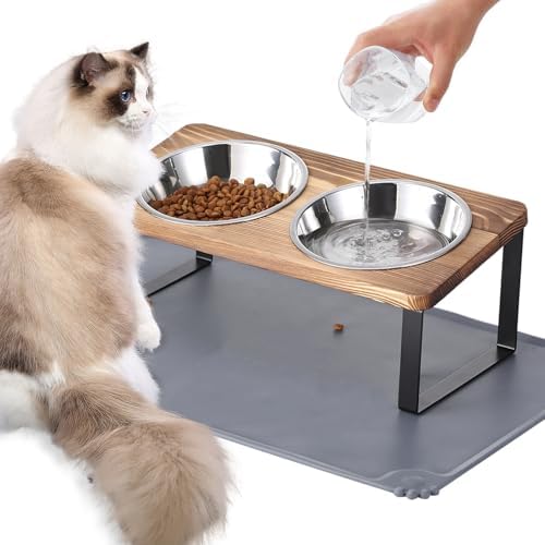 Upgraded Elevated Cat Bowls with Food Mat,15°Tilted Stand Anti Vomiting Raised Cat Dishes for Food and Water,2 Stainless Steel Bowls for Cats and Puppy（Rustic Brown） by Summark