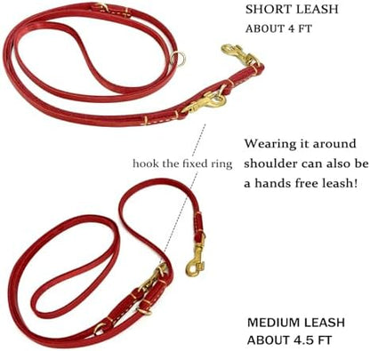 Soft Multi-Function 6 in 1 Leather Training Walking Leash, Hands Free, Dual, Crossbody for Medium and Large Dogs (8 Foot*5/8", Red) - Image 4