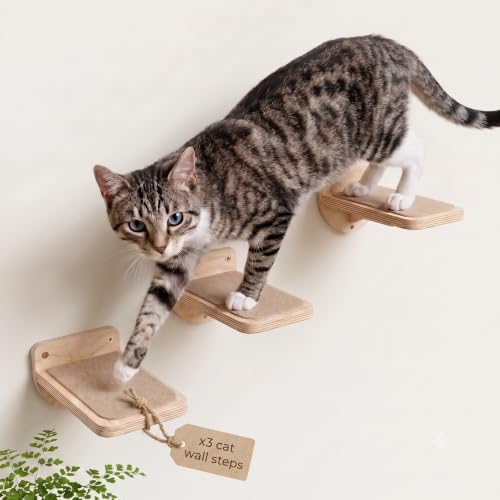 INICIO Cat Wall Steps - 3 Pack of Stairs for Cats to Climb - Natural Wood by INICIO