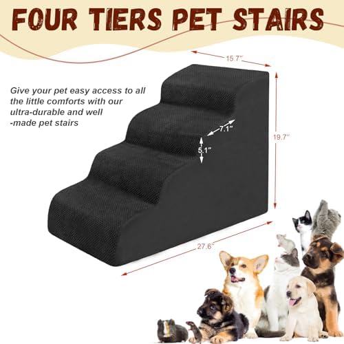 Dog Stairs for Small Dogs - High Density Foam Pet Steps, Extra Wide Dog Ramp with Non-Slip Bottom for High Beds, Couch and Sofa, Best for Dogs Injured, Older Doggy Cats, 4 Steps, Black - Image 2