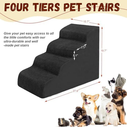 Dog Stairs for Small Dogs - High Density Foam Pet Steps, Extra Wide Dog Ramp with Non-Slip Bottom for High Beds, Couch and Sofa, Best for Dogs Injured, Older Doggy Cats, 4 Steps, Black - Image 2