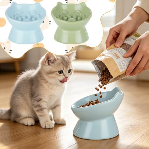 2 Pcs Elevated Slow Feeder Cat Bowls, 5.91 x 5.24 Inch Ceramic Cat Slow Feeder Bowl, 3.54 Inch Raised Base, 3.38 Fl Oz, Green and Blue Ear Shaped Dishes - Image 4