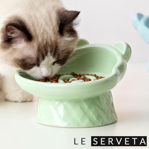 Winnie The Pooh Series Ceramic Slow Feeder Cat Bowl, Raised Anti-Gulping Design with Bear Ears, Pastel Colors, Quilted Pattern Base (Green) - Image 6