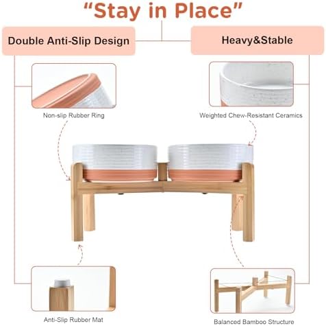 SPUNKYJUNKY Elevated Dog Bowls Ceramic, 7.3'' Dogs Food Water Bowls Raised with Non-Slip Bamboo Stand for Medium to Large Sized Breed Microwave Dishwasher Safe - 42 OZ,Pattern White - Image 4