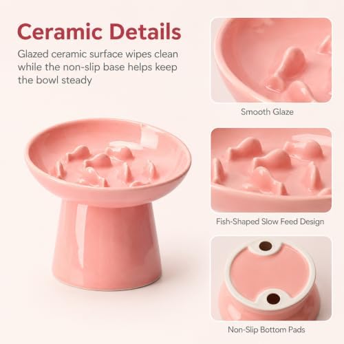 Cat Slow Feeder Bowl, Ceramic Elevated Cat Slow Feeder Bowl, Shallow Wide Opening Dish for Kitty, Anti Vomiting for Dry and Wet Food, Anti-Slip Design, Pink - Image 4
