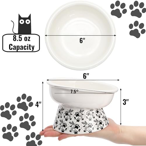 2 Pack Ceramic Elevated Cat Bowls, 6" Extra Wide Tilted Raised Pet Dish, Whisker Friendly Food and Water Bowl for Small Dogs, Anti Vomiting & Protect Pet's Spine, Microwave Dishwasher Safe - Image 2