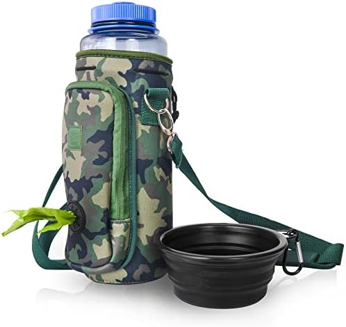 Made Easy Kit Water Bottle Carrier with Pocket for Dog Poop Waste Bags and Adjustable Padded Shoulder Strap (Tall & Large (40oz) with Bowl, Camo, Green) by MadeEasyKit