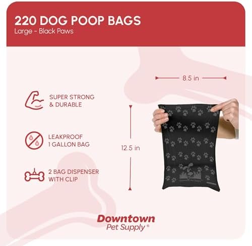 Downtown Pet Supply Poop Bags for Dogs with Dispenser, 220 Count - Leak-Proof Dog Waste Bags and Bone-Shaped Dog Poop Bags Holder for Leash - Black with Paw Prints, 12.5" x 8.5" - Image 2