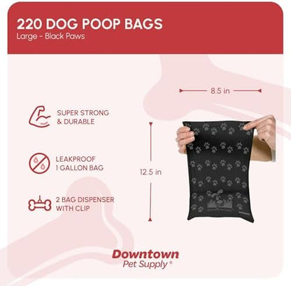 Downtown Pet Supply Poop Bags for Dogs with Dispenser, 220 Count - Leak-Proof Dog Waste Bags and Bone-Shaped Dog Poop Bags Holder for Leash - Black with Paw Prints, 12.5" x 8.5" - Image 2