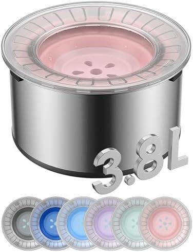 Heouvo 1 Gallon No Spill Dog Water Bowl with Slow Drink Floating Disk(Pink) by Heouvo