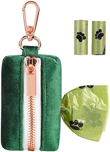 ARING PET Dog Poop Bag Holder, Velvet Doggy Waste Bag Dispenser Attach to Any Leashes, Dark Green Portable Washable Pet Waste Pouch Dispenser with Metal Zipper by ARINGPET