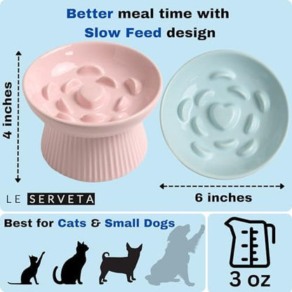 2 Pack Ceramic Slow Feeder Cat Bowl, Raised Puzzle Feeder, Anti-Vomiting, Elevated Food Bowl, Whisker Friendly (Blue, Pink) - Image 2