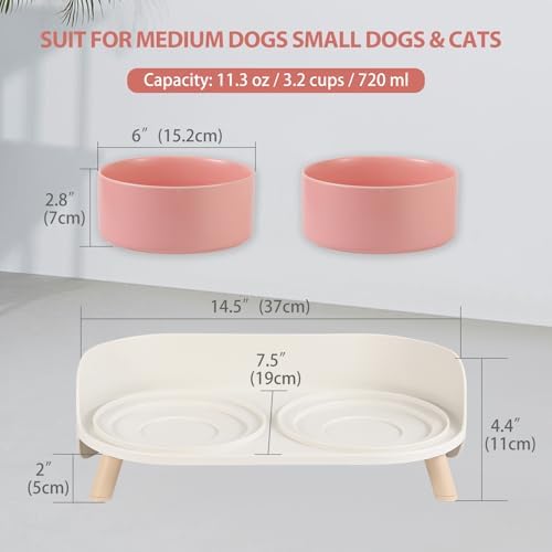 Elevated Ceramic Dog Bowl Set - Double Dog Feeding Bowls with Stand Splash Proof - Raised Dishes for Food and Water - Ideal for Small to Medium Dogs - 2 x 720 ml - 11.3 oz - Pink - Image 2