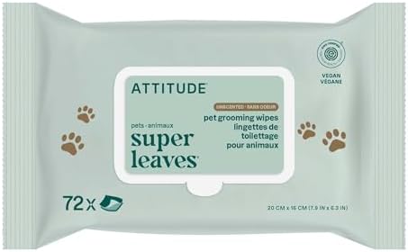 ATTITUDE Pet Wipes for Dogs & Cats, 99% Water, EWG Verified, Gentle & Unscented Cleaning Wipes for Paws, Ears, Face & Body, Deodorizing, Safe for Puppies & Kittens, 72 count by ATTITUDE