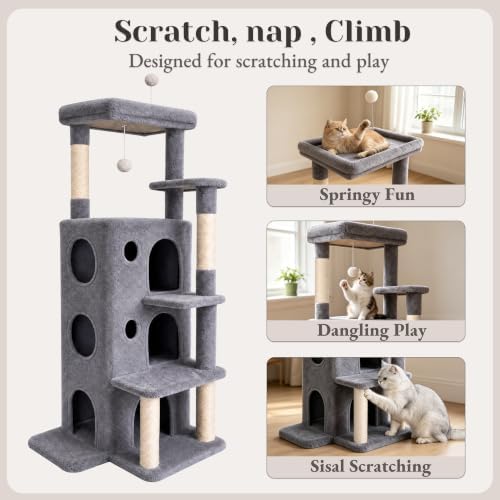 baoheDC 53" Cat Tree for Indoor Cats, Multi-Level Cat Tower with 3 Cozy Cat Condos, Large Top Perch, Sisal Scratching Posts & Climbing Steps, Space-Saving Cat Furniture for Apartments, Grey - Image 4