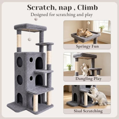 baoheDC 53" Cat Tree for Indoor Cats, Multi-Level Cat Tower with 3 Cozy Cat Condos, Large Top Perch, Sisal Scratching Posts & Climbing Steps, Space-Saving Cat Furniture for Apartments, Grey - Image 4