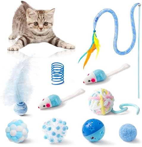 MALLMALL6 Cat Toy Set Interactive Cat Toys 10Pcs Pack Including Cat Springs Feather Teaser Wand Mice Crinkle Balls and Pet Bell Balls, Puzzle Interactive Pet Gift Pack Toys for Indoor Kitten (Blue) by MALLMALL6