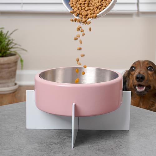 DBL3000A Intersecta Small/Medium Concrete and Stainless Steel Bowl 16oz (2 Cups) with Metal Stand Pet Feeder, Pink/White - Image 2