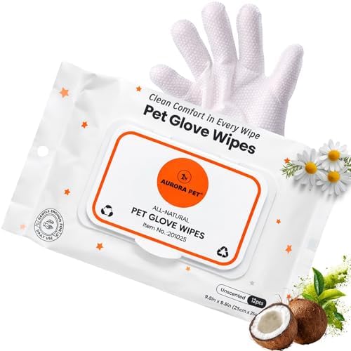 Aurora Pet Glove Wipes for Dogs & Cats, Wearable No-Rinse Grooming Glove Wipes for Paws, Face, Ears & Body, Hypoallergenic Disposable Pet Cleaning Wipes, Unscented, 12 Count by AuroraPet%C2%AE