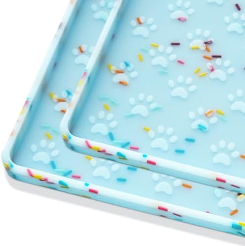 2 Pack Dog Food Mat Anti-Slip Dog Bowl Mats for Food and Water, Waterproof Pet Placemat Prevents Messy Spill to Floor, Silicone Puppy Feeding Tray for Small, Medium and Large Dogs Cats, Blue Dount by PTLOM