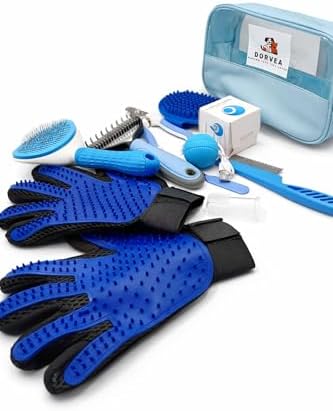 12-in-1 Pet Grooming Kit for Cats & Dogs, Professional Grooming Tools Set with Deshedding Brush, Slicker Brush, Grooming Glove, Nail Clipper, Flea Comb, Cat Teaser Ball & Storage Bag by Dorvea