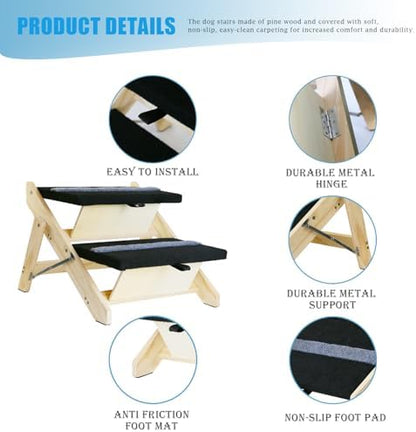 2-in-1 Indoor Pet Ramp, Wooden Folding 2-Tier Pet Stairs with Non-Slip Carpeted Steps, Ramp Perfect for Bed and Couch - Image 4
