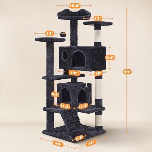 Yaheetech 54in Cat Tree Tower, 2 Caves, Kitten-Ear Perch & Scratching Posts - Image 3