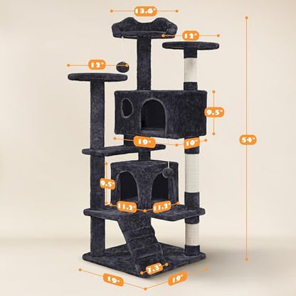 Yaheetech 54in Cat Tree Tower, 2 Caves, Kitten-Ear Perch & Scratching Posts - Image 3