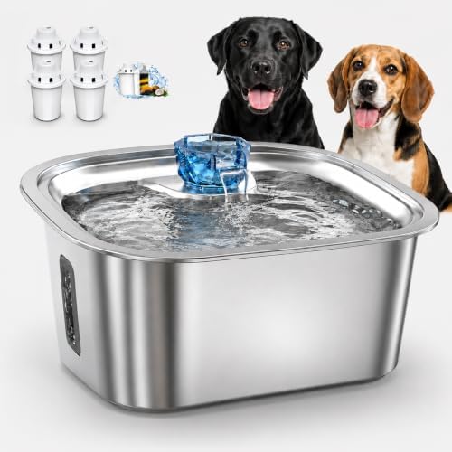 PETNF 2.4-Gallon Stainless Steel Dog Water Fountain for Large Dogs, Dog Water Bowl Dispenser with 4 Filters, Visible Water Window, Quiet Pump & LED Low-Water Indicator by PETNF