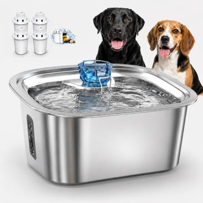PETNF 2.4-Gallon Stainless Steel Dog Water Fountain for Large Dogs, Dog Water Bowl Dispenser with 4 Filters, Visible Water Window, Quiet Pump & LED Low-Water Indicator by PETNF