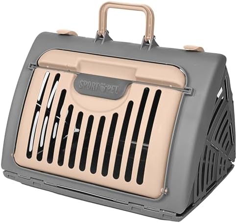SportPet LARGE Hard-Sided Travel Cat Carrier - Cat Carrier with Patented Wide Side-Opening Door, Foldable Portable Pet Carrier with Removable Bed for Cats & Small Pets up to 25lbs - Gray/Tan - Image 2