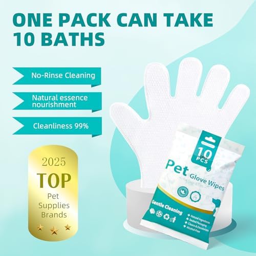 MEDUWEDU [10 Count] No-Rinse Pet Glove Wipes – 5-Finger Design, Coconut Oil & Aloe, Hypoallergenic Grooming Mitts for Dogs & Cats - Image 2
