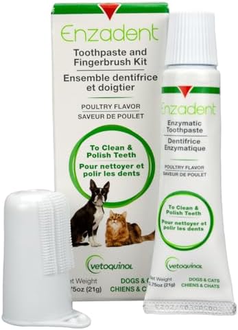 Vetoquinol Enzadent Enzymatic Toothpaste Kit + Fingerbrush for Cats & Dogs – .75oz, Poultry Flavor – Oral Dental Care Kit: Removes Plaque, Polishes Teeth & Freshens Breath by Vetoquinol