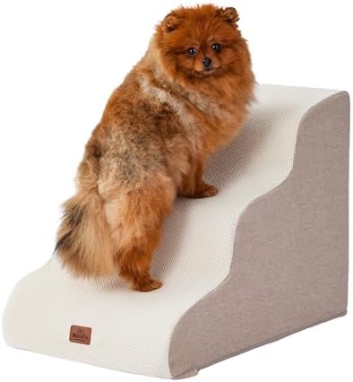 Beige Curved Dog Stairs Ramp for Small Dogs & Cats 17" H, 3-Step Dog Steps for Couch Sofa and Chair, Pet Stairs for Cats, Non-Slip Balanced Pet Steps by MASSFU
