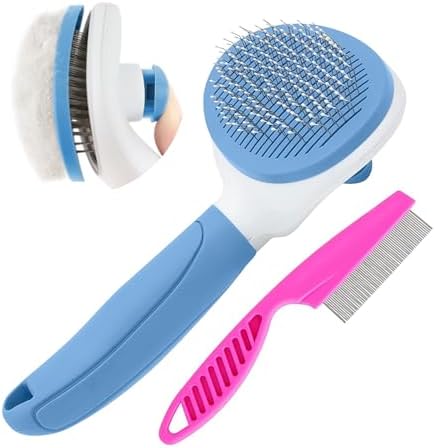 Self Cleaning Slicker Brush, Cat Brushes for Indoor Cats with Metal Comb, Dogs Cats Hair Brushes for Shedding, Pet Kitten Grooming Tool with Release Button for Long or Short Hair by KALAMANDA(Blue) by Unknown