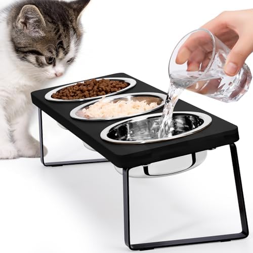 Elevated Black Cat Food Bowl for Indoor Cats, 3 Raised Water Bowl for Pet by Loplurea