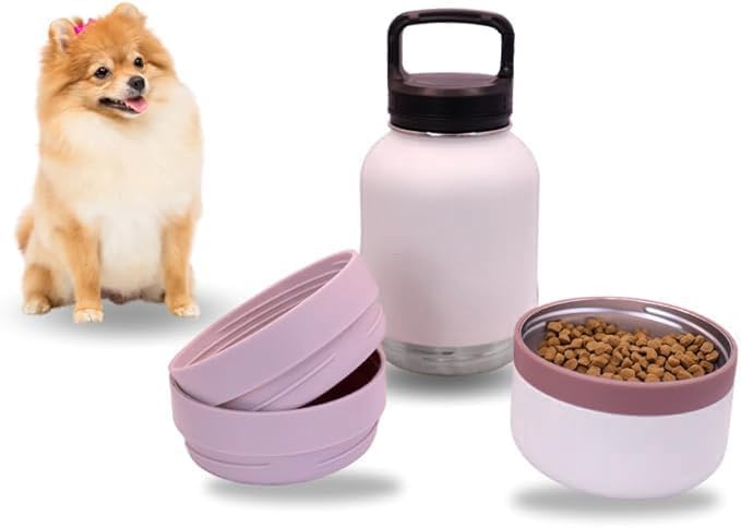 OhmyPet | Pet Water Bottle Station with 3 Bowls and 32oz Bottle, Pink or Blue | for Traveling Hiking Outing