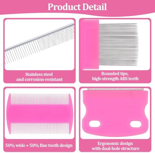 6 Pack Pet Grooming Combs, Stainless Steel Dog and Cat Grooming Combs with Rounded Teeth, Double-Sided Professional Pet Tear Stain Remover for Small, Medium, and Large Pets (Pink) - Image 3