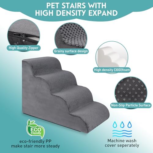 Dog Stairs for Small Dogs, 19.7" H Pet Stairs 4-Steps Ramp for Puppy, Older Cat, Stairs with Whole 30D High Density Foam, Corduroy Fabric, Non-Slip Bottom Dog Steps for Bed and Couch (Grey, 4-Step) - Image 4