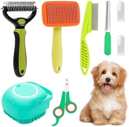 VCZONE 8 Pcs Dog Grooming Kit: Nail Clipper, Flea Comb, Shampoo Brush, Shedding Brush, Dematting Comb, Silicone Toothbrush (Green) by VCZONE
