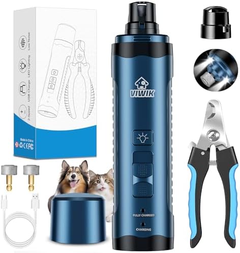 VIWIK Dog Nail Grinder, Dog Nail Trimmers with LED Lights, Pet Nail Clippers Kit for Large Medium Small Dogs & Cats, 2-Speed Quiet Electric USB Rechargeable Pet Paws Grooming Tool Blue by VIWIK