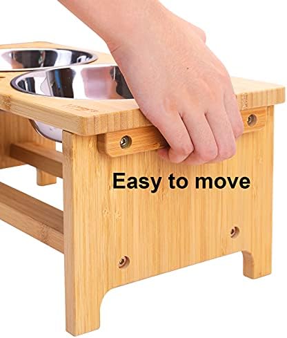HTB Elevated Dog Bowl Stand with 2 Stainless Steel Bowls-7" H Medium Bamboo - Image 3