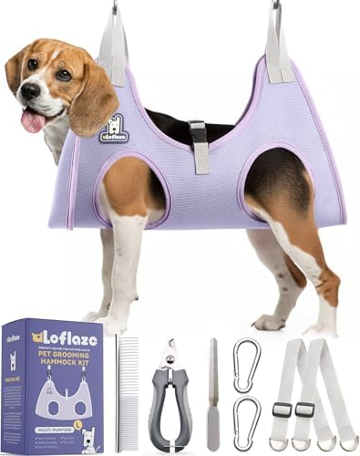 Loflaze Dog Grooming Hammock Harness for Dogs & Cats with Pet Nail Clipper Trimmer - Cat Hanger Sling for Trimming Clipping Nails- Dog Hammock Restraint Bag for Small Medium Large pet （ Purple L） by Loflaze