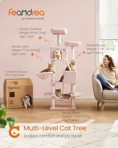 Feandrea Cat Tree, 66.1-Inch Large Cat Tower, Multi-Level Condo, Jelly Pink - Image 2